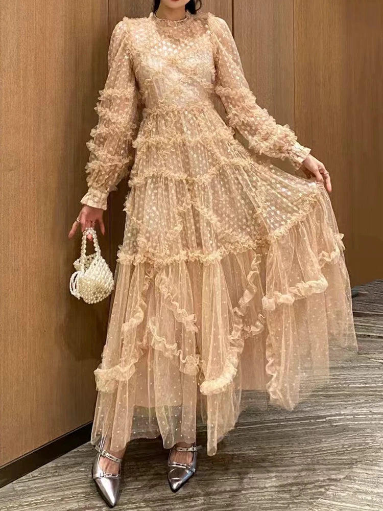 Spring 2025 women's dress, embroidered sequin polka dot mesh dress, irregular multi-layered black ear-edge loose puffy skirt