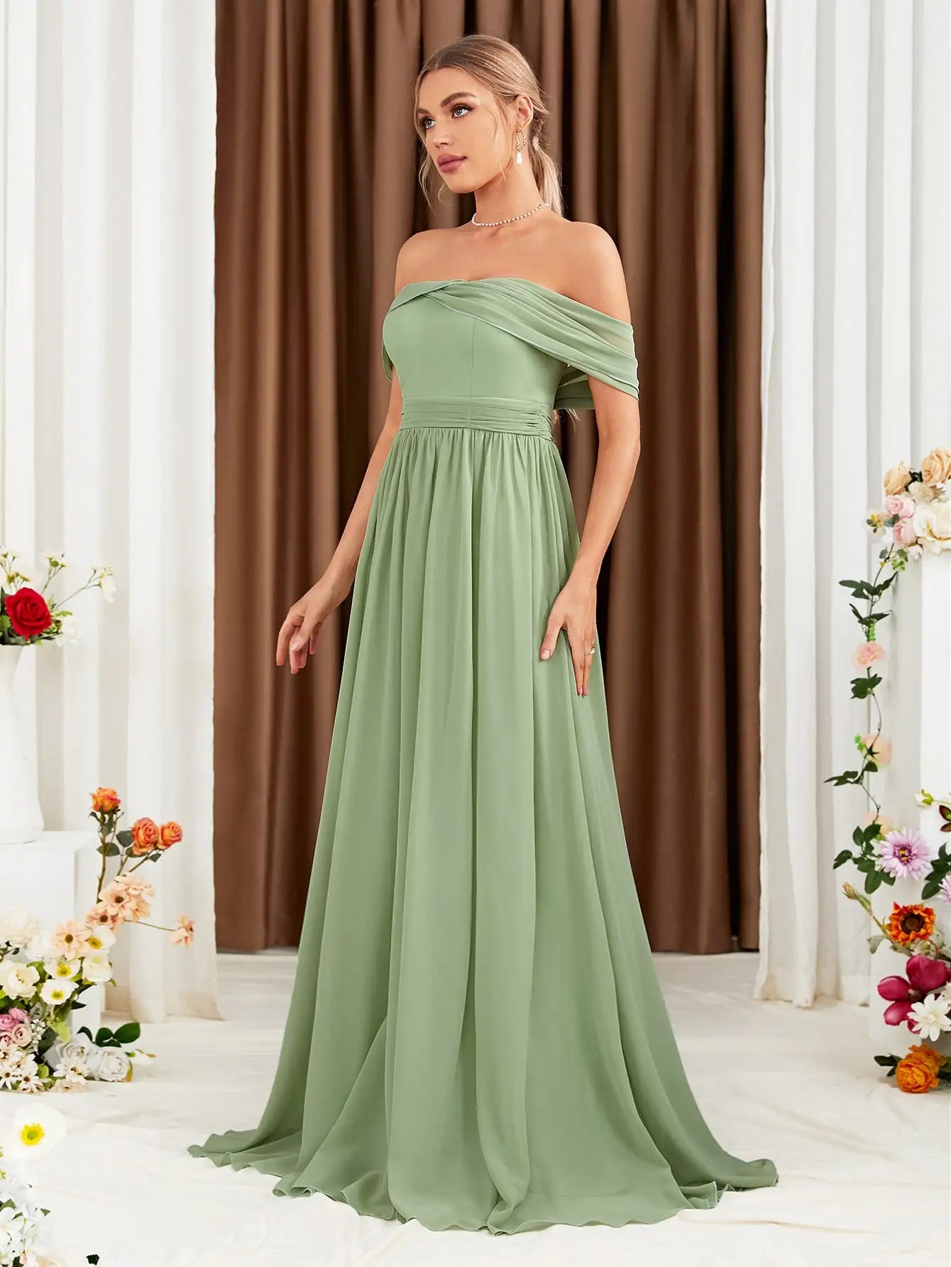 Mgiacy Chiffon line neck short sleeve sleeved back lace-up evening ball dress Party dress Bridesmaid dress
