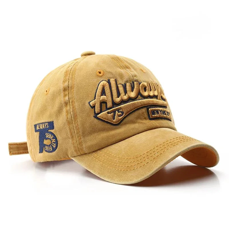 2025 Spring/Summer Unisex Cotton Baseball Cap Vintage Washed with Alphabet ALWAYS Embroidery - Hip-Hop Inspired Snapback Design