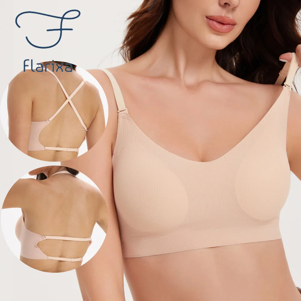 Flarixa Seamless Low Back Bra Support Multiway Wireless Backless Halter Padded Bralette Lifting Straps Convertible Bras