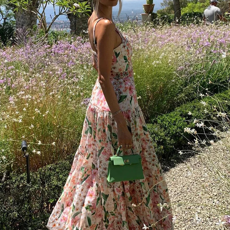 Summer Sexy Off Shoulder Vacation Long Dress Women Elegant Floral Print Hollow Party Dress Fashion Sleeveless Pleated Bohe Dress