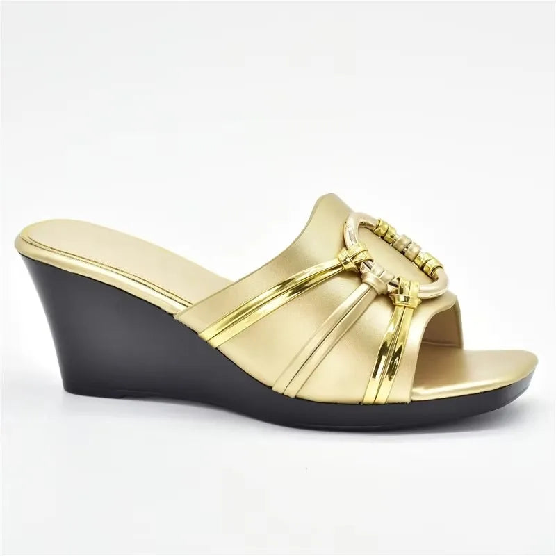 Latest Design African Party Shoes Decorated with Metal Wedding Shoes for Women Bride Wedges Shoes for Women Luxury Shoes