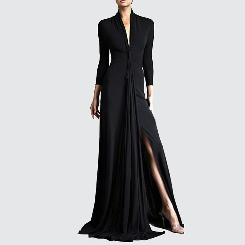 Elegant Solid Long Sleeve Evening Dress Fashion Deep V Neck Women Pleated Robes Sexy Slim High Waisted Split Floor-length Dress