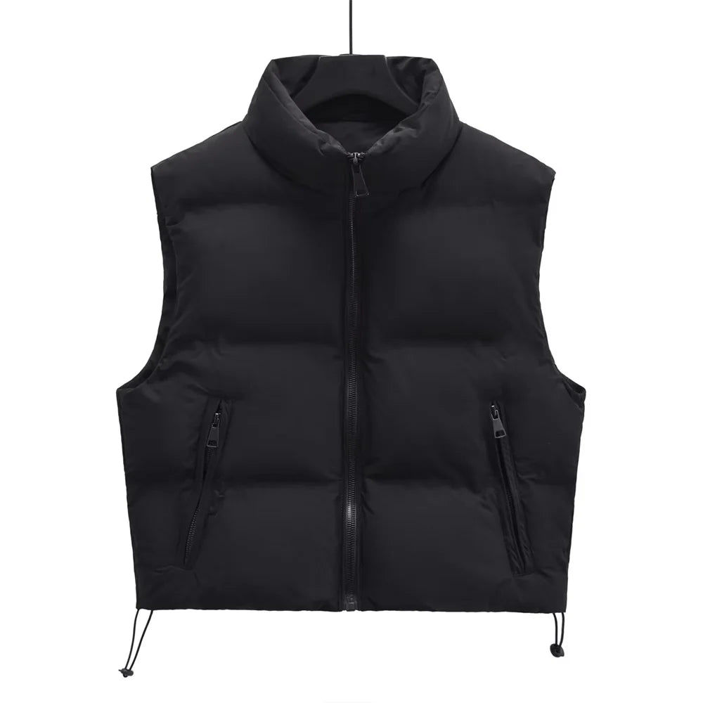 2024 ZAR4 Autumn New Women's Stand up Collar Sleeveless Vest Thickened Cotton Coat Tank Top Short Down Cotton Coat