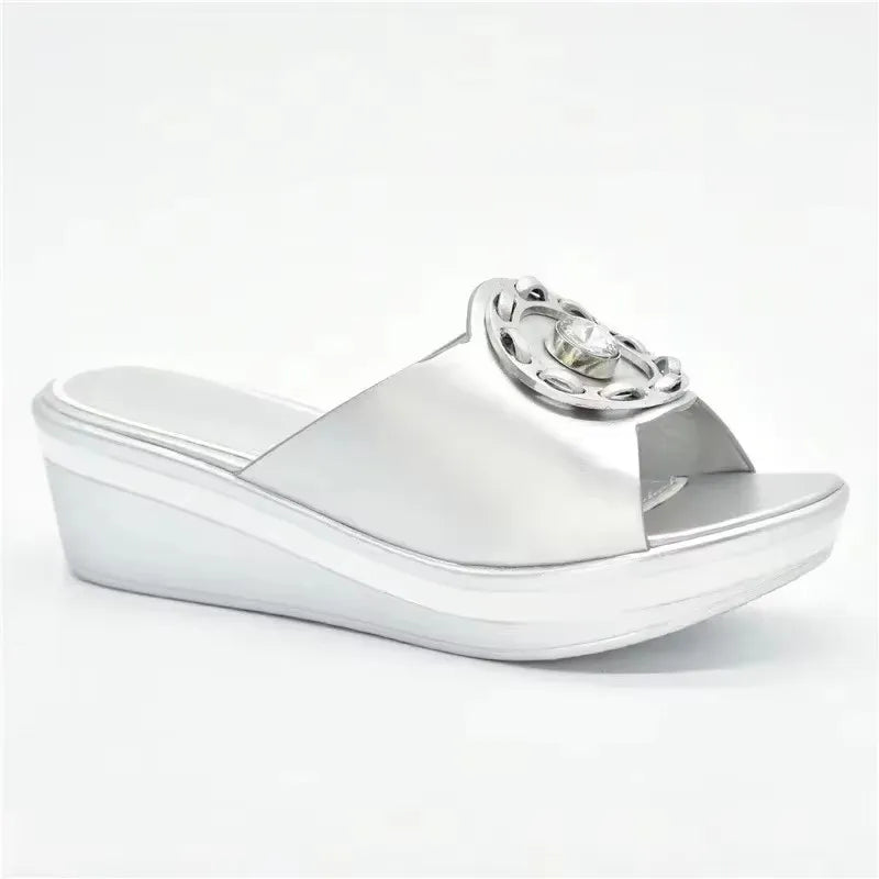 Latest Design African Party Shoes Decorated with Metal Wedding Shoes for Women Bride Wedges Shoes for Women Luxury Shoes