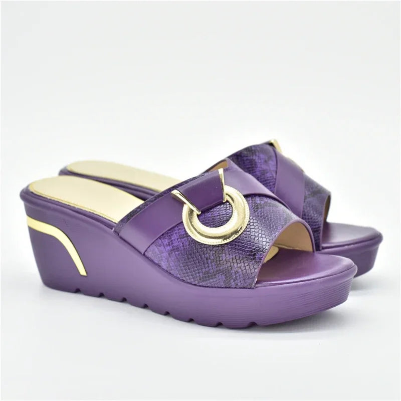 Latest Design African Party Shoes Decorated with Metal Wedding Shoes for Women Bride Wedges Shoes for Women Luxury Shoes