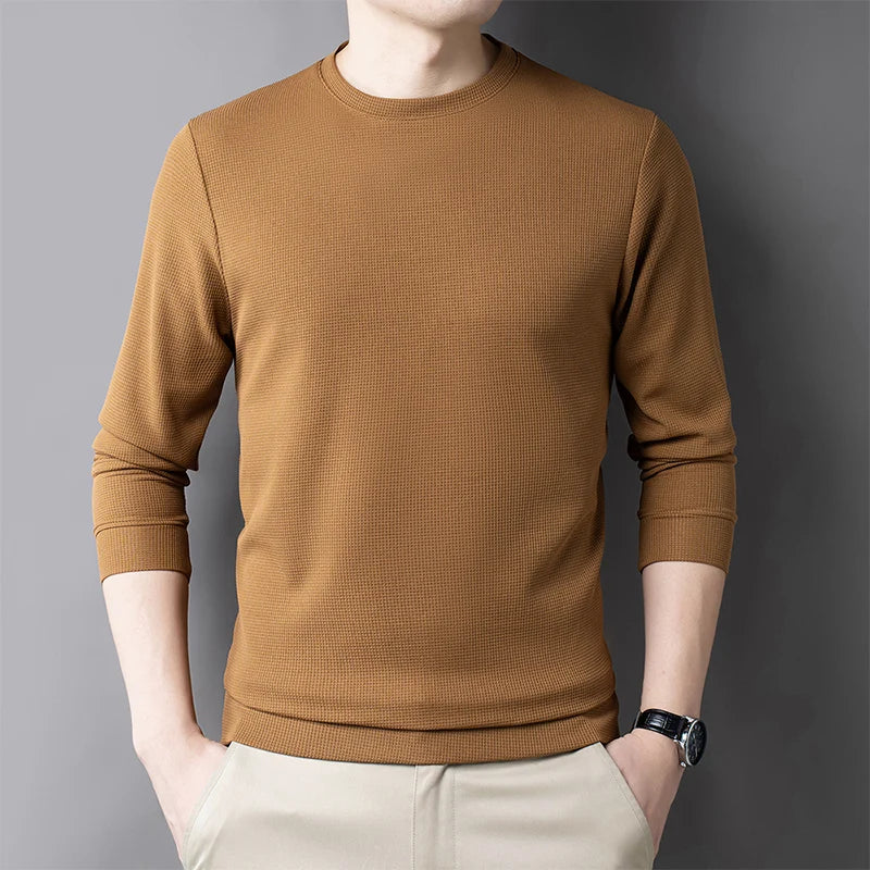 Men's Casual Waffle Round Neck T-shirt Breathable, Comfortable, and Fashionable Long Sleeved T-shirt
