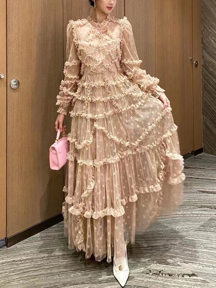 TWOTWINSTYLE Solid Elegant Spliced Folds Dress For Women Stand Collar Long Sleeve High Waist Chic Mesh Dresses Female KDR504192