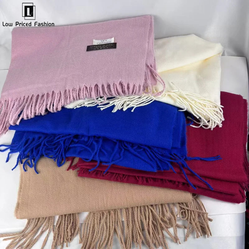 Winter Cashmere Solid Color Pashmina Tassel Scarf Cold Weather Scarves Wraps Women Thicken Warm Shawl Wrap