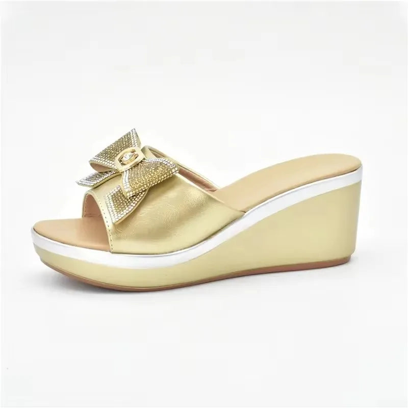 Latest Design African Party Shoes Decorated with Metal Wedding Shoes for Women Bride Wedges Shoes for Women Luxury Shoes