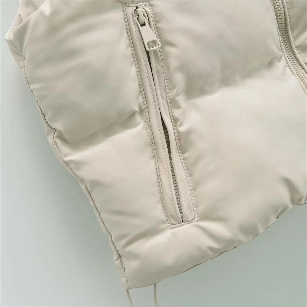 2024 ZAR4 Autumn New Women's Stand up Collar Sleeveless Vest Thickened Cotton Coat Tank Top Short Down Cotton Coat