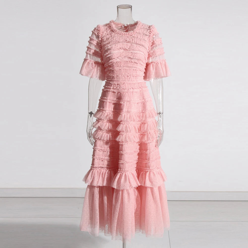 Patchwork Edible Tree Fungus Elegant Dresses For Women Round Neck Short Sleeve High Waist Temperament Dress Female Fashion