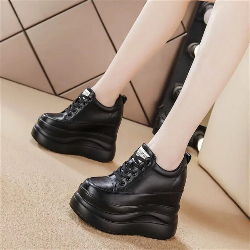 13cm 2025 Genuine Leather Platform Wedge Flats Shoes Chunky Sneaker Casual Comfy High Brand Spring Autumn Vulcanize Shoes