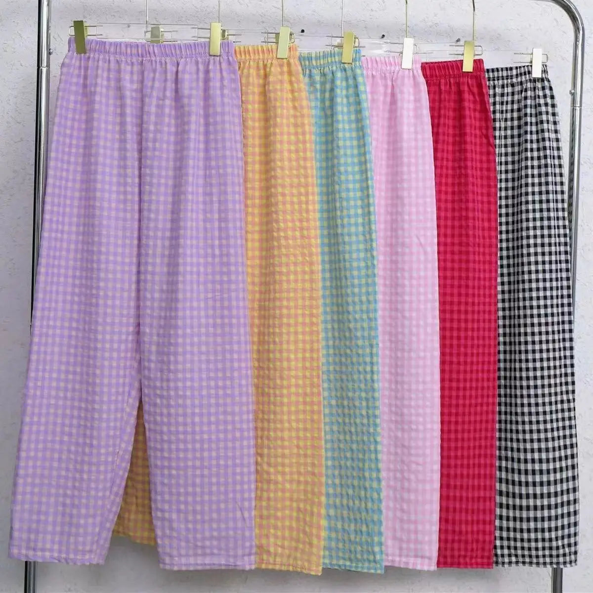 Summer Home Wear Plaid Nine-point Trousers Casual Relaxed Breathable Thin Elastic Waist Trousers Female Students Pajama Pants