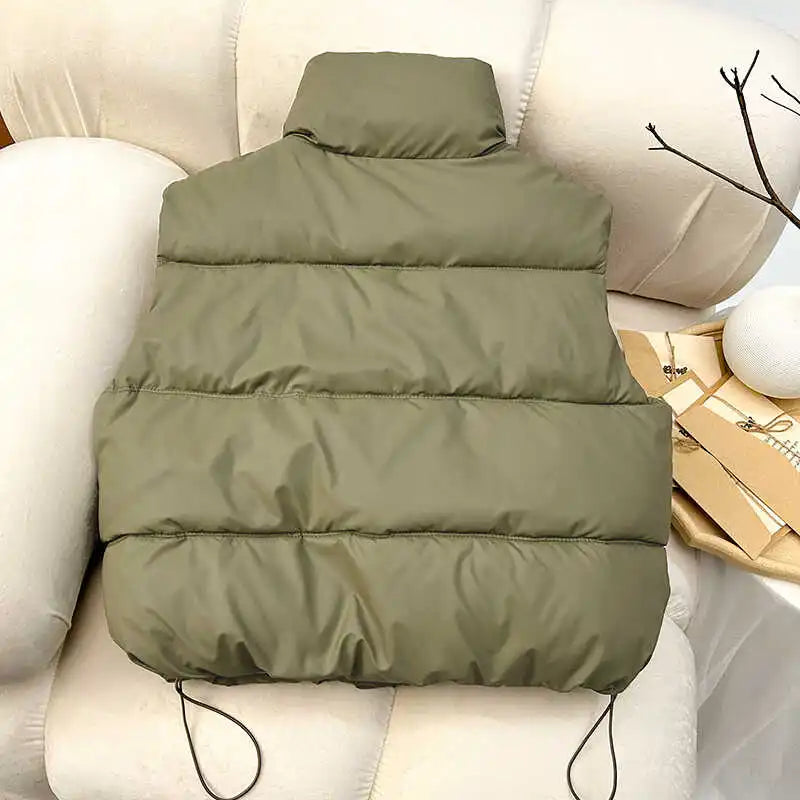 ITOOLIN Women Casual Solid Warm Sleeveless Vest Coat Mock Neck PU Thicken Jacket Button Up Loose Women Down Jacket Autumn Winter