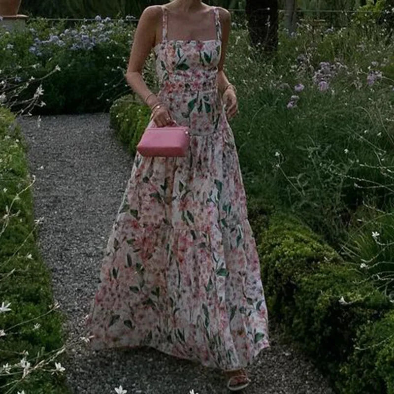 Summer Sexy Off Shoulder Vacation Long Dress Women Elegant Floral Print Hollow Party Dress Fashion Sleeveless Pleated Bohe Dress