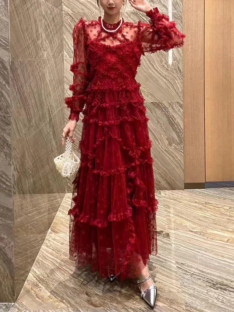 TWOTWINSTYLE Solid Elegant Spliced Folds Dress For Women Stand Collar Long Sleeve High Waist Chic Mesh Dresses Female KDR504192