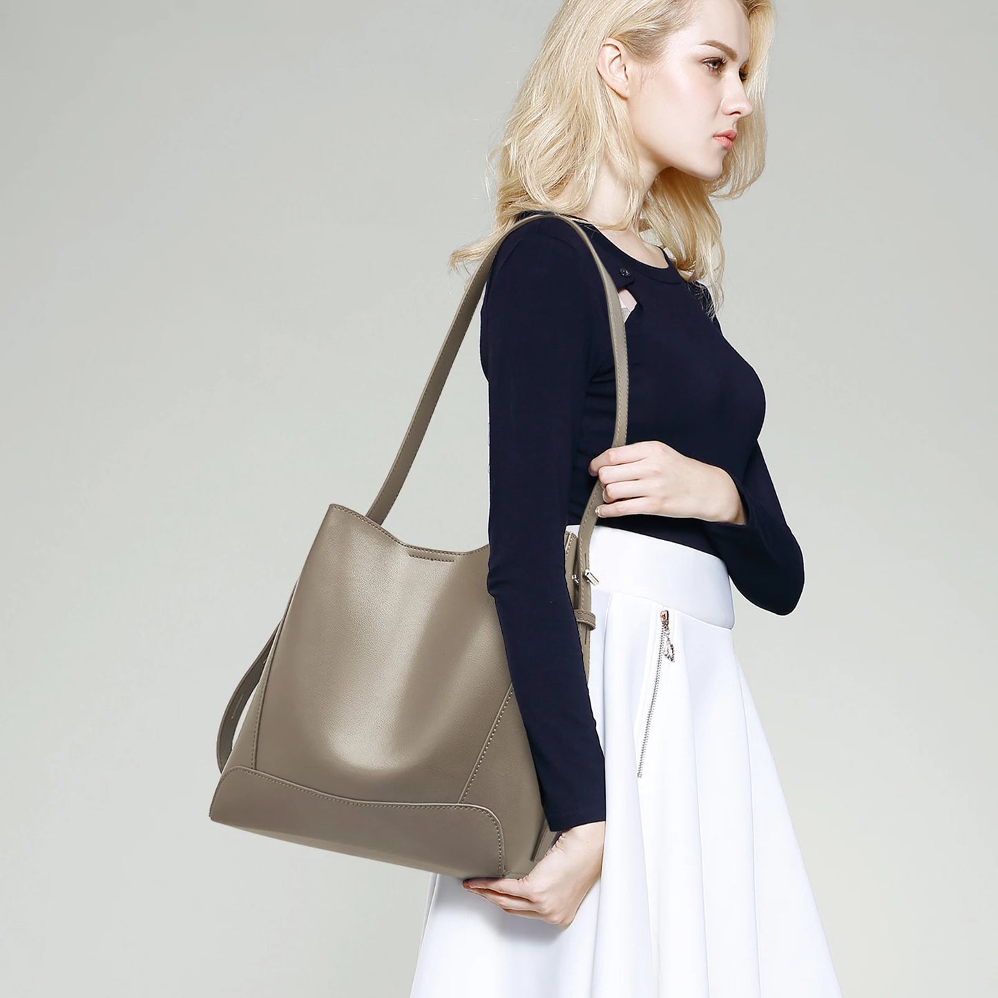 FOXER Lady Women Hobo Bucket Bag Split Leather Fashion Shoulder Bags Large Capacity Handbag Wide Adjustable Strap Female Bags