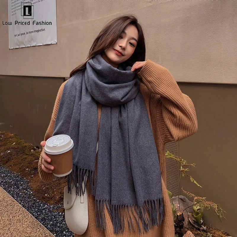 Winter Cashmere Solid Color Pashmina Tassel Scarf Cold Weather Scarves Wraps Women Thicken Warm Shawl Wrap