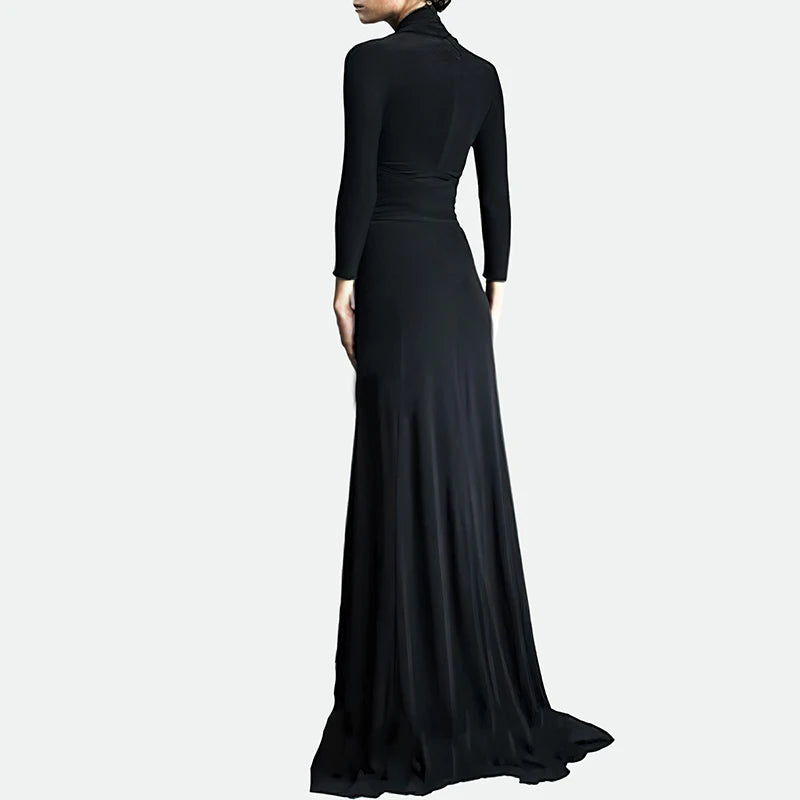 Elegant Solid Long Sleeve Evening Dress Fashion Deep V Neck Women Pleated Robes Sexy Slim High Waisted Split Floor-length Dress