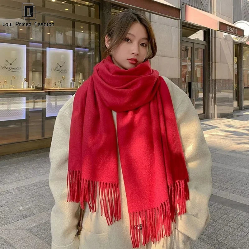 Winter Cashmere Solid Color Pashmina Tassel Scarf Cold Weather Scarves Wraps Women Thicken Warm Shawl Wrap