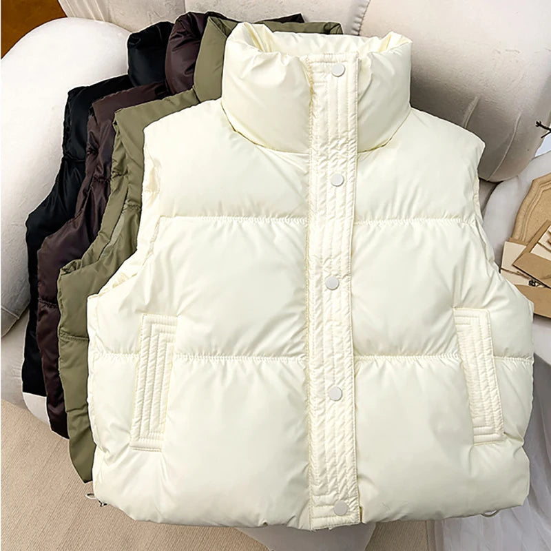 ITOOLIN Women Casual Solid Warm Sleeveless Vest Coat Mock Neck PU Thicken Jacket Button Up Loose Women Down Jacket Autumn Winter