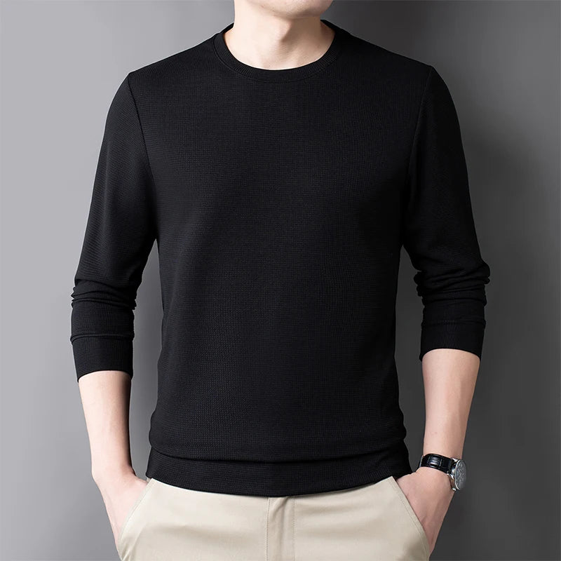 Men's Casual Waffle Round Neck T-shirt Breathable, Comfortable, and Fashionable Long Sleeved T-shirt
