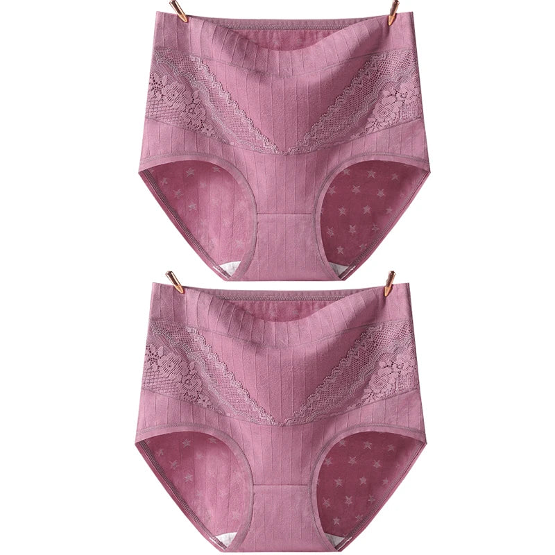 2pcs Cotton Women Panties Lady Plus Size Underwear Large Size Lace High Waist Briefs Breathable Solid Color Female Lingerie