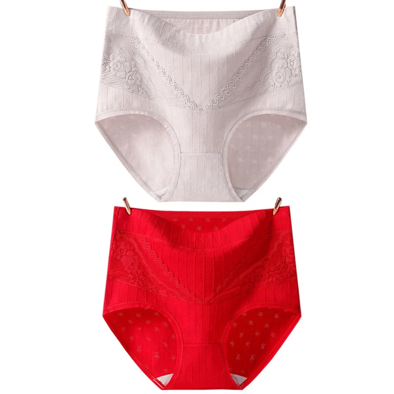 2pcs Cotton Women Panties Lady Plus Size Underwear Large Size Lace High Waist Briefs Breathable Solid Color Female Lingerie