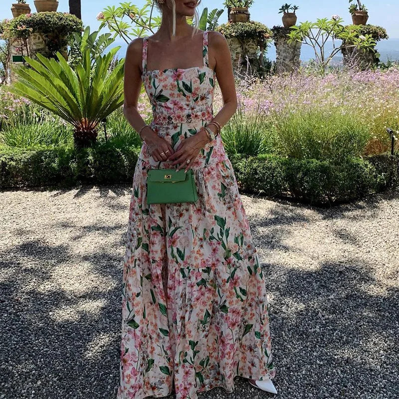 Summer Sexy Off Shoulder Vacation Long Dress Women Elegant Floral Print Hollow Party Dress Fashion Sleeveless Pleated Bohe Dress