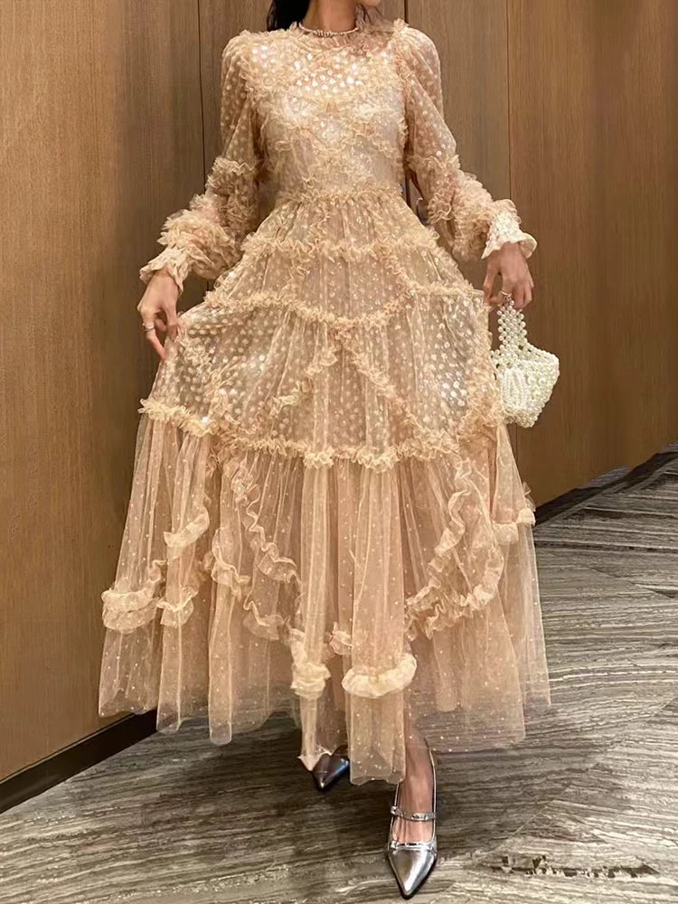 Spring 2025 women's dress, embroidered sequin polka dot mesh dress, irregular multi-layered black ear-edge loose puffy skirt