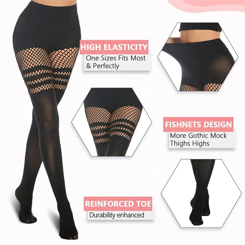 Kave 1 Pair Women Black Faux Thigh High Tights Mock Suspender Pantyhose Striped Goth Fishnets Over the Knee Sweater Dance Socks