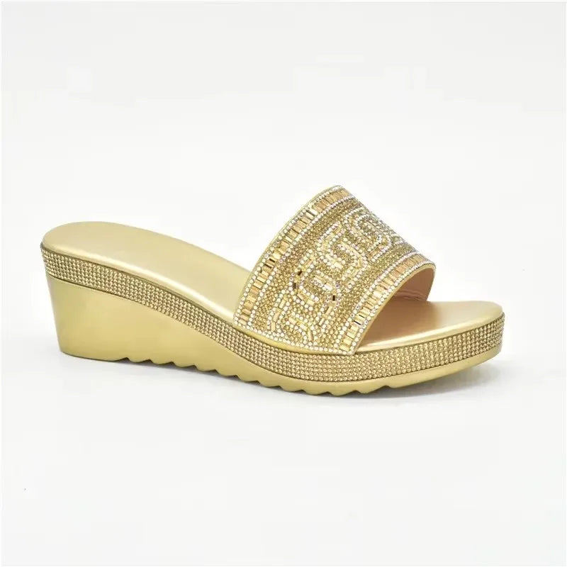 Latest Design African Party Shoes Decorated with Metal Wedding Shoes for Women Bride Wedges Shoes for Women Luxury Shoes
