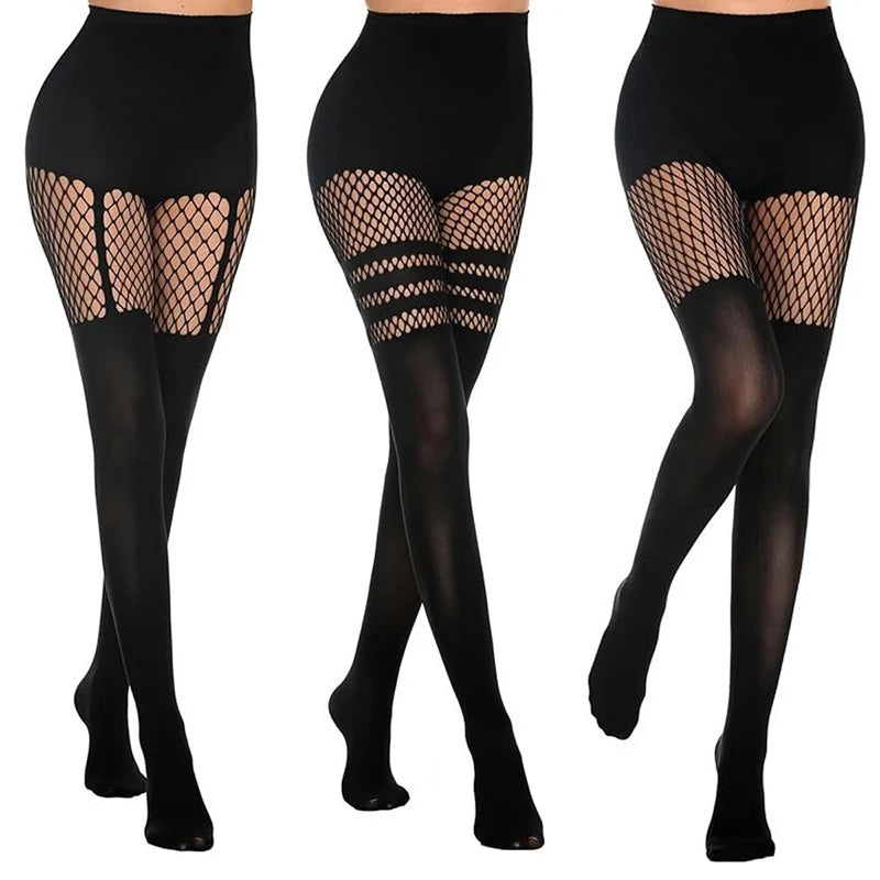 HEZIOWYUN Women's Y2K Sexy Sheer Tights Pantyhose Fishnet Cut-out Mesh See Through Suspenders Stockings for Lolita Cosplay
