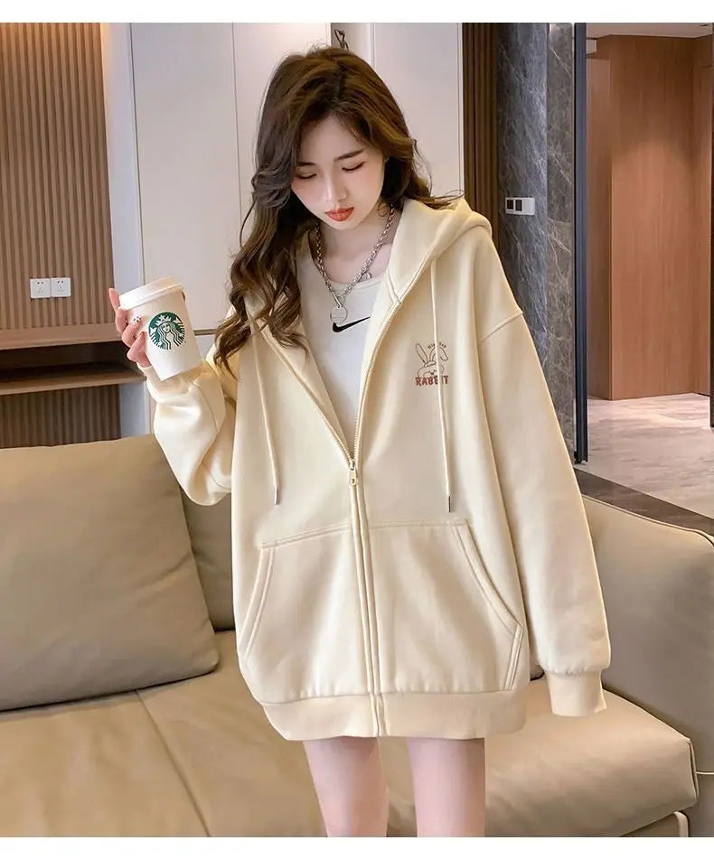 Women Embroidery Print Sporty Chic Hoodies Casual Zip Up Long Sleeve Loose Jacket Coats Harajuku Hooded Sweatshirts Streetwear