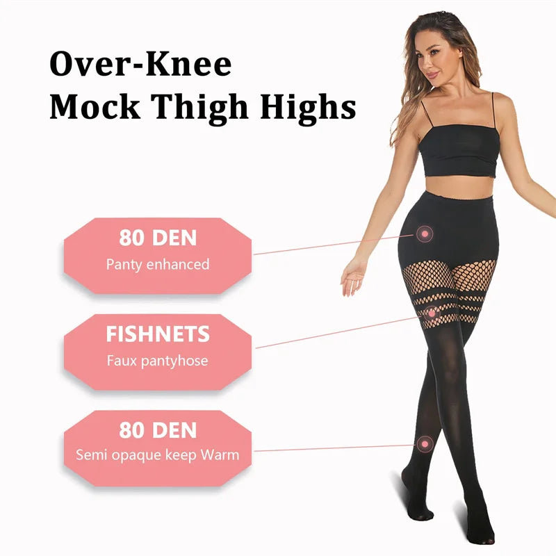 Kave 1 Pair Women Black Faux Thigh High Tights Mock Suspender Pantyhose Striped Goth Fishnets Over the Knee Sweater Dance Socks