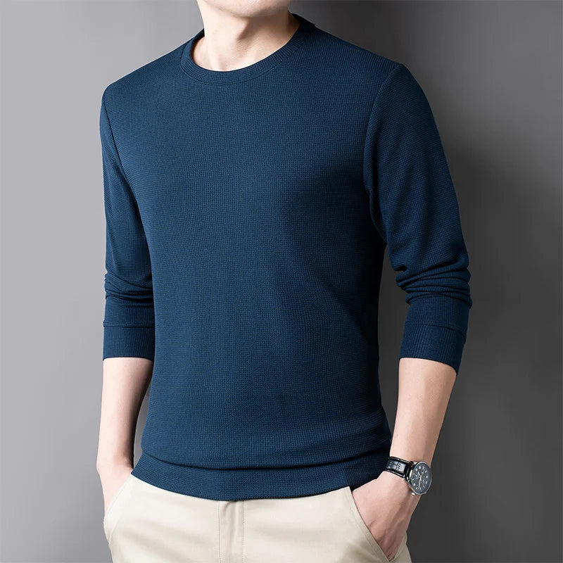 Men's Casual Waffle Round Neck T-shirt Breathable, Comfortable, and Fashionable Long Sleeved T-shirt