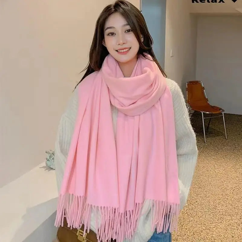 Winter Cashmere Solid Color Pashmina Tassel Scarf Cold Weather Scarves Wraps Women Thicken Warm Shawl Wrap