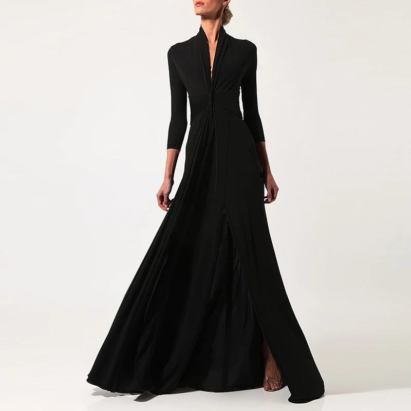 Elegant Solid Long Sleeve Evening Dress Fashion Deep V Neck Women Pleated Robes Sexy Slim High Waisted Split Floor-length Dress
