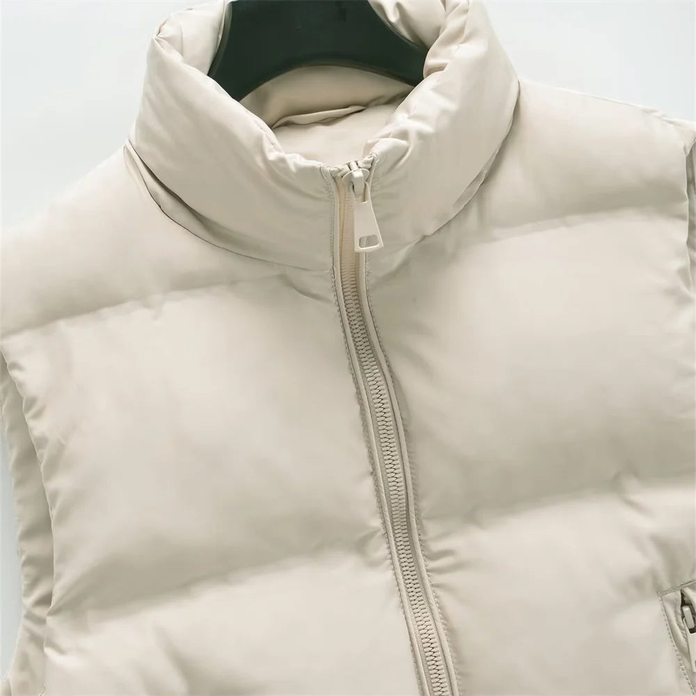 2024 ZAR4 Autumn New Women's Stand up Collar Sleeveless Vest Thickened Cotton Coat Tank Top Short Down Cotton Coat