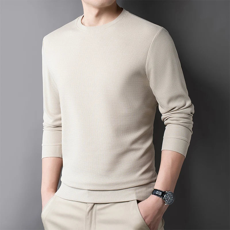 Men's Casual Waffle Round Neck T-shirt Breathable, Comfortable, and Fashionable Long Sleeved T-shirt