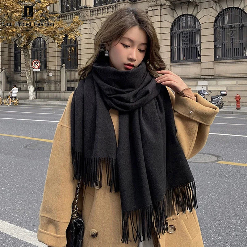 Winter Cashmere Solid Color Pashmina Tassel Scarf Cold Weather Scarves Wraps Women Thicken Warm Shawl Wrap
