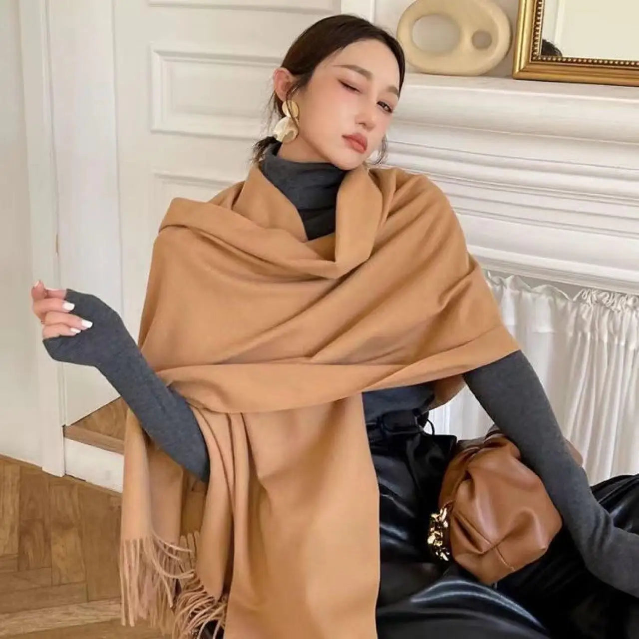 Winter Cashmere Solid Color Pashmina Tassel Scarf Cold Weather Scarves Wraps Women Thicken Warm Shawl Wrap