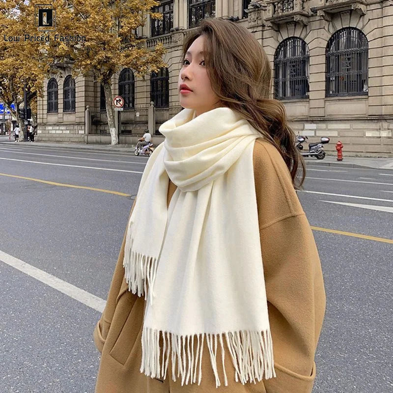 Winter Cashmere Solid Color Pashmina Tassel Scarf Cold Weather Scarves Wraps Women Thicken Warm Shawl Wrap