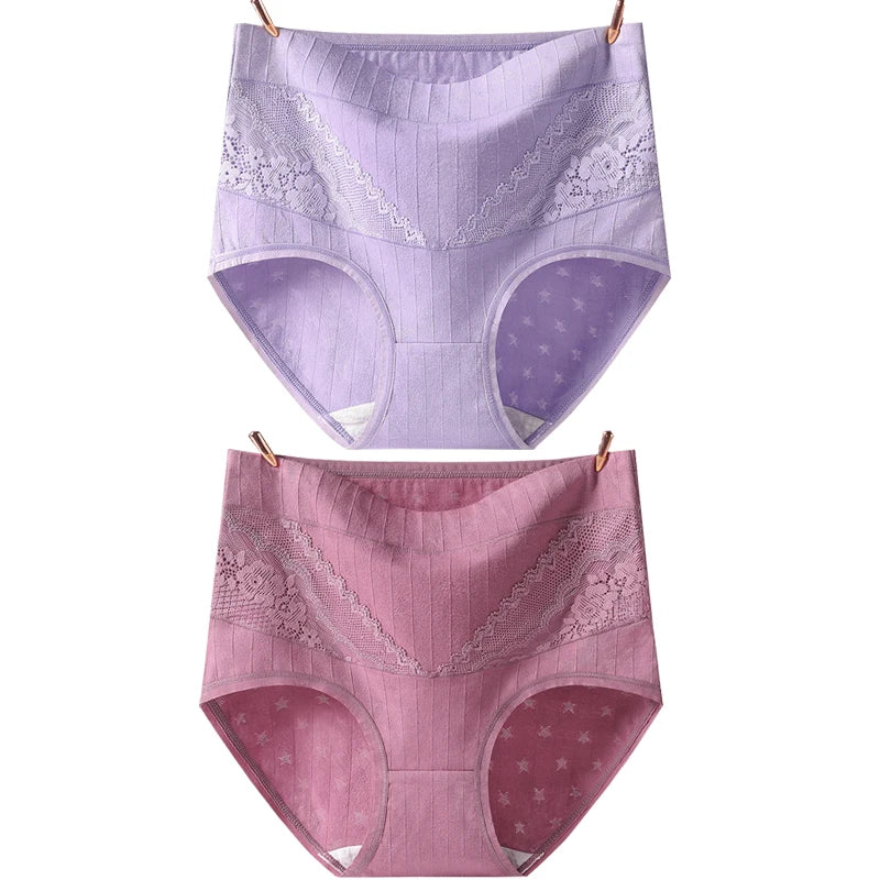 2pcs Cotton Women Panties Lady Plus Size Underwear Large Size Lace High Waist Briefs Breathable Solid Color Female Lingerie