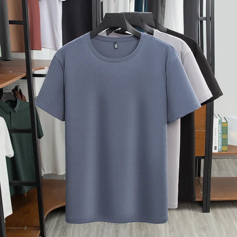 2025 New Men's Summer Round Neck Short Sleeved T-shirt Breathable Fashion Striped Korean Style Wrinkle Resistant Versatile Top