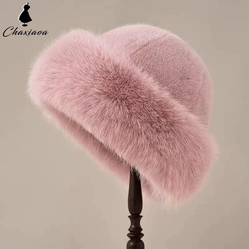 Winter Faux Mink Fur Ear Protection Hat Panama Cap Mongolian Hat for Women, Water Bucket Plush Basin Hat Simple Solid Color