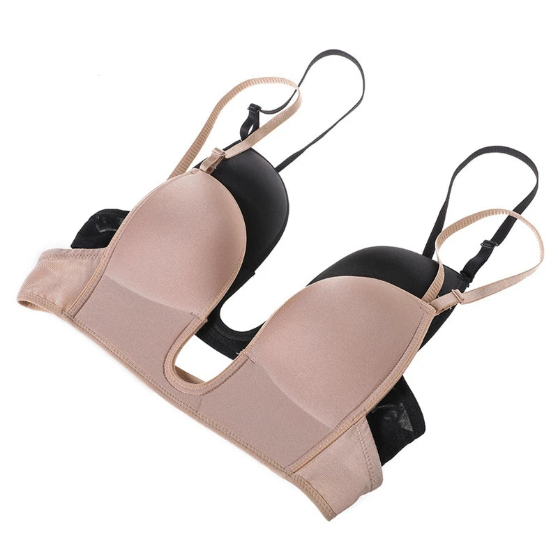 Plunge Bra Women's Deep U Low Cut Invisible Bralette Multi-Way Convertible Sexy Push Up Bare Back Lingerie for Backless Dress