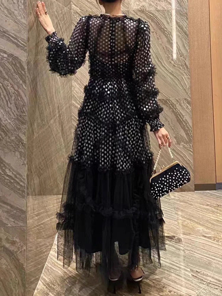 Spring 2025 women's dress, embroidered sequin polka dot mesh dress, irregular multi-layered black ear-edge loose puffy skirt