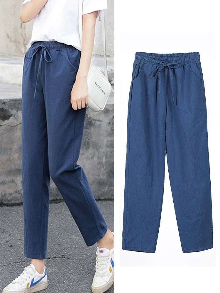 Womens Spring Summer Pants Cotton Linen Solid Elastic waist Candy Colors Harem Trousers Soft high quality for Female ladys S-XXL